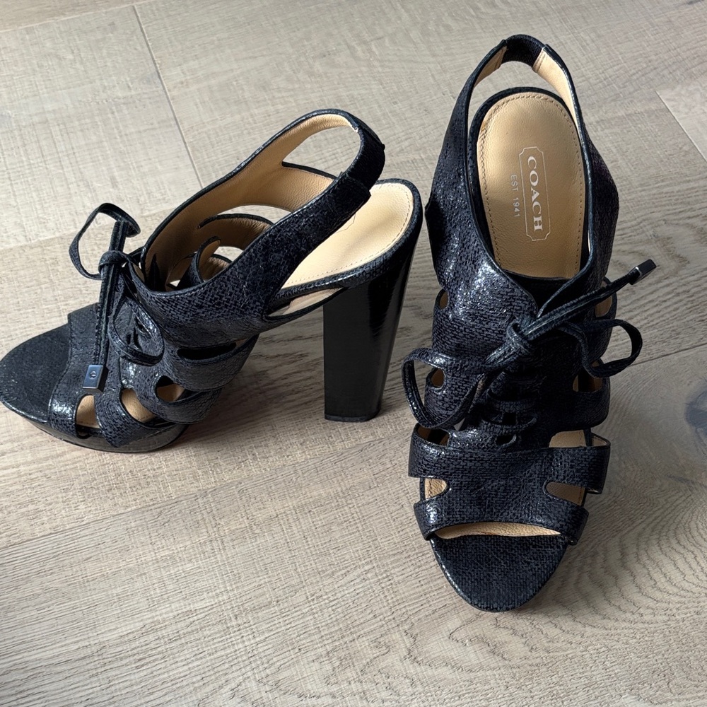 Coach Black Lace-Up Women's Leather Peep Toe Heels